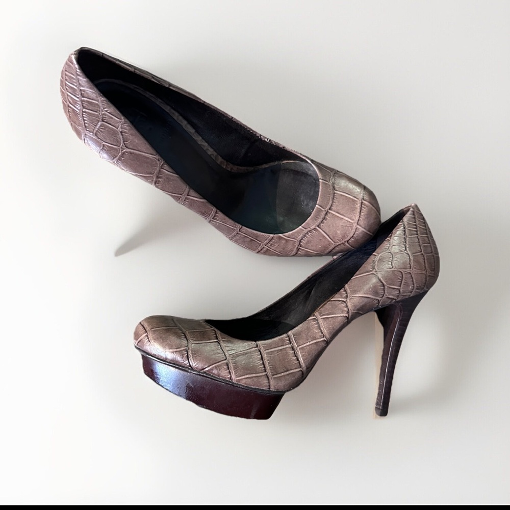 TORY BURCH HIGH BLOCK HEELS CROCODILE PATTERN BROWN LADIES SHOES LEATHER‎ 6.5